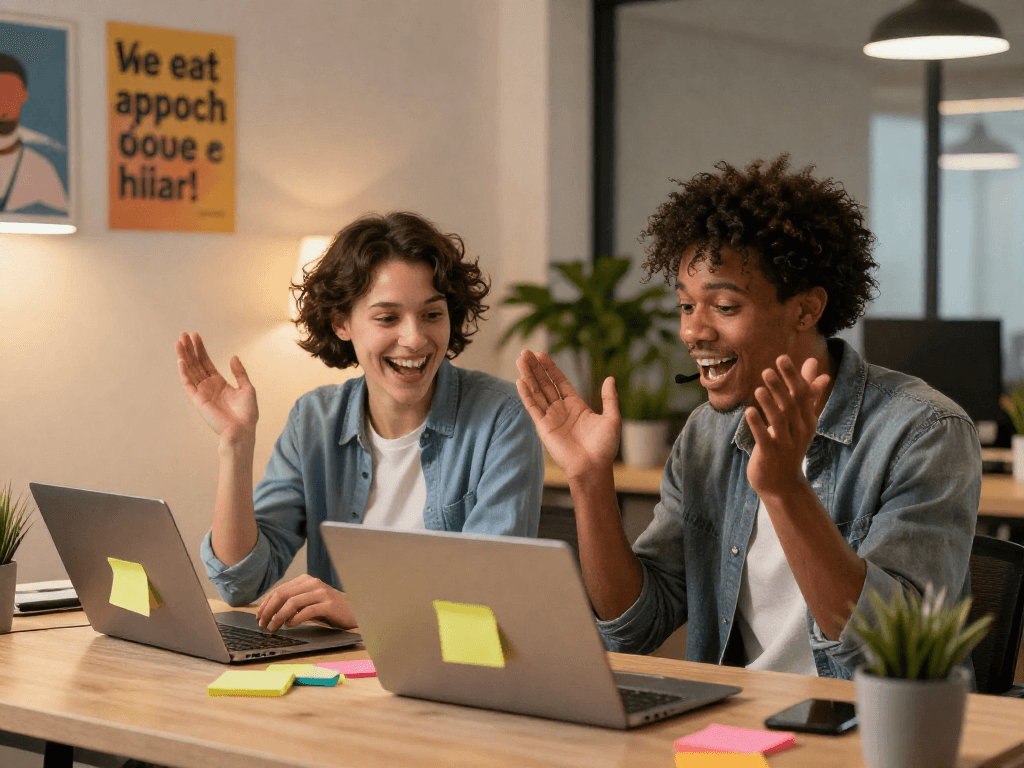 Vibrant scene of diverse individuals engaging in spicy chat during a video call, showcasing lively expressions and a creative office environment.