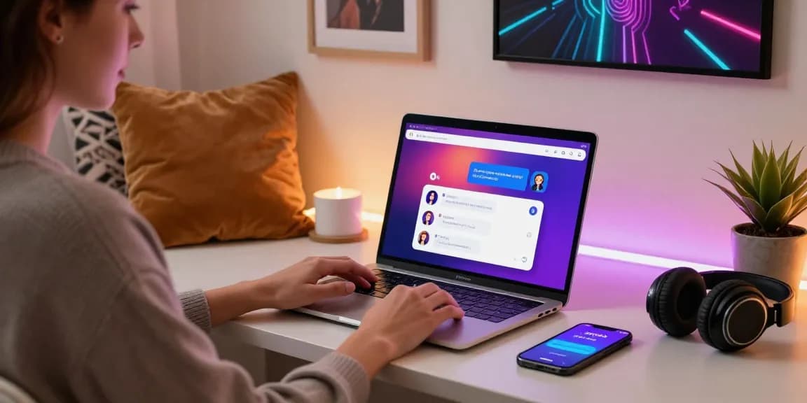 User engaging in ai nsfw chat on a laptop in a cozy setting with LED lights.
