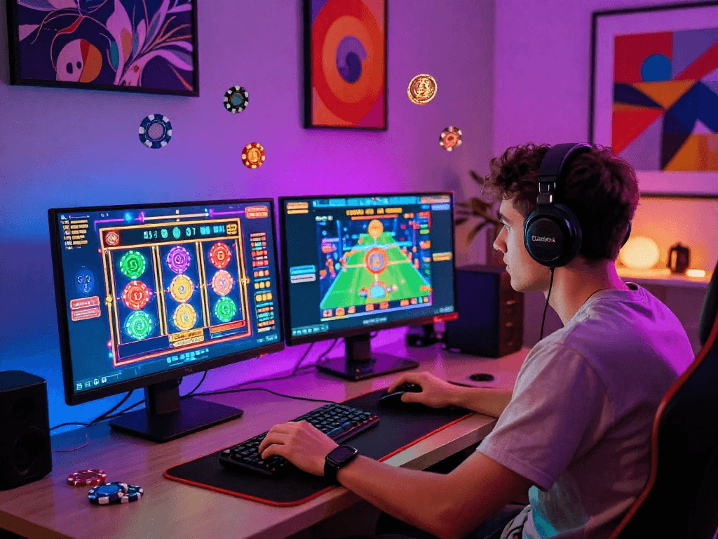 Engaging crypto casino experience with vibrant graphics and immersive setup showcasing online gaming excitement.