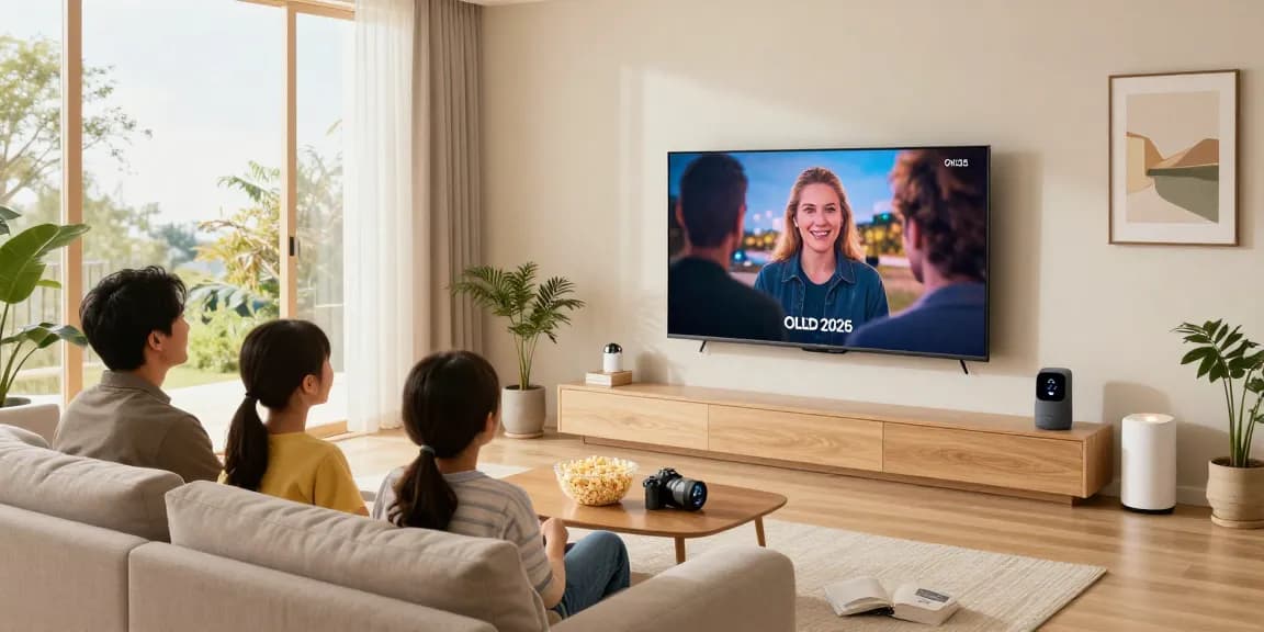 Family enjoying movie night with OLED TV 2026 in a modern living room setting