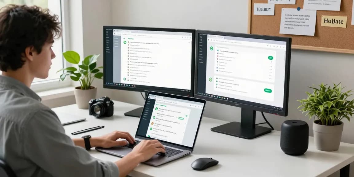 Engaged professional accessing WhatsApp網頁版 on a laptop in a bright workspace.