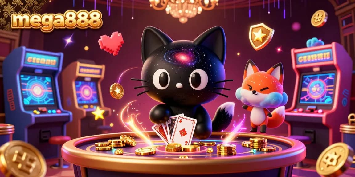 Experience mega888 excitement with a 3D cat and fox gaming at a vibrant cosmic slot table.