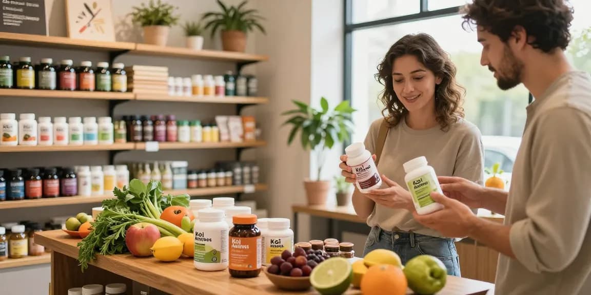 Engaged consumer exploring Koi Aminos in a vibrant health store, surrounded by organic products and colorful fruits.