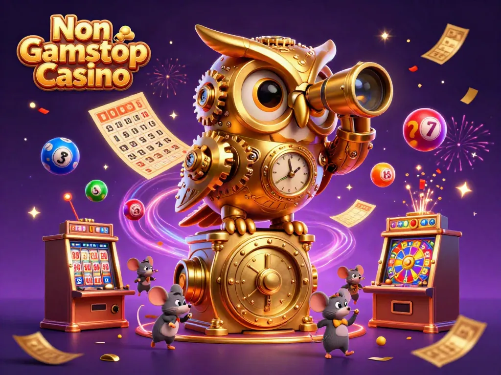 Experience the thrill of a Non Gamstop Casino with a dynamic 3D owl and lively casino elements.