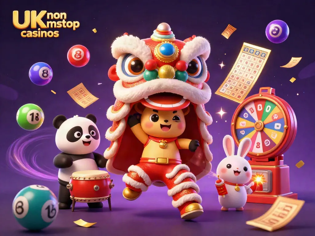 Engaging scene showcasing characters in a lion dance costume at UK non gamstop casinos, surrounded by colorful lottery elements.