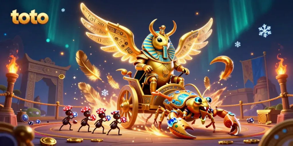 Engage in thrilling gaming adventures with toto’s colossal golden scarab beetle casino illustration.