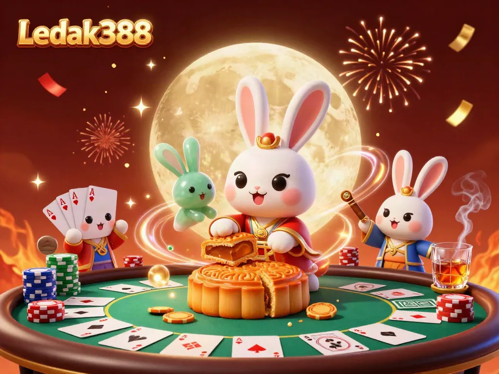 Experience the dynamic gameplay of Ledak388 with a captivating 3D illustration showcasing a moon rabbit amidst casino elements.