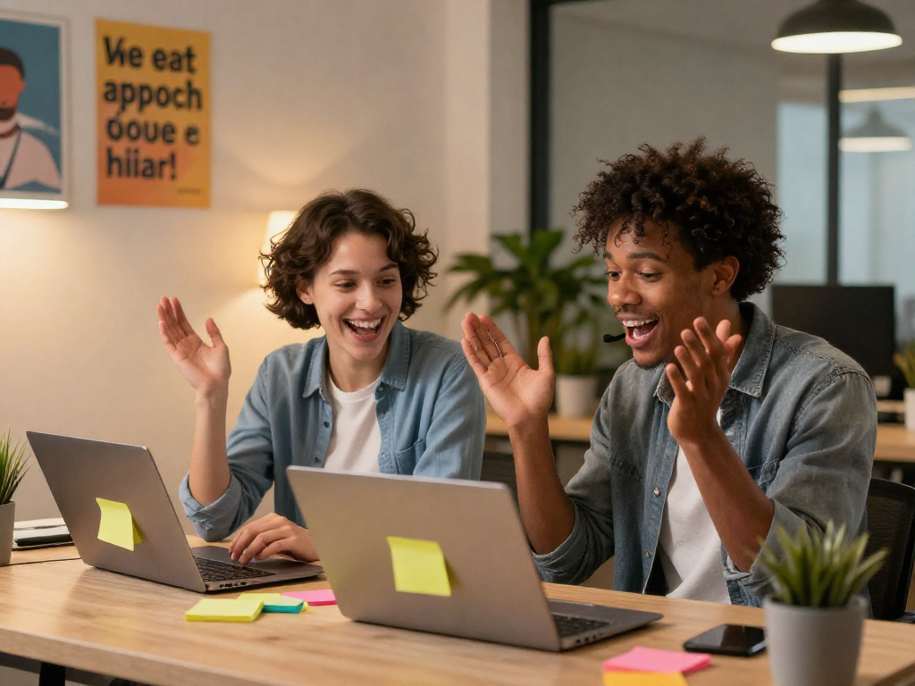 Vibrant scene of diverse individuals engaging in spicy chat during a video call, showcasing lively expressions and a creative office environment.