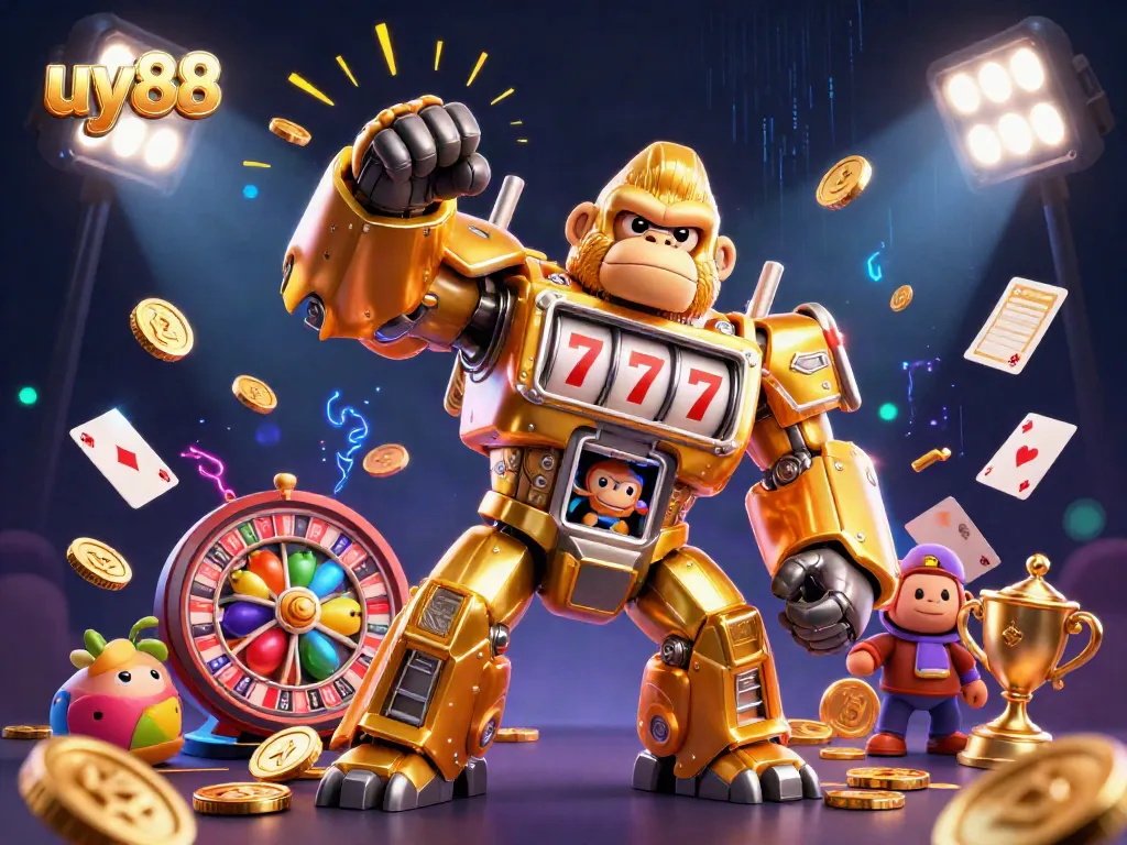 Experience thrilling jackpots with uy88's dynamic gaming scene featuring a gorilla mech and casino elements.