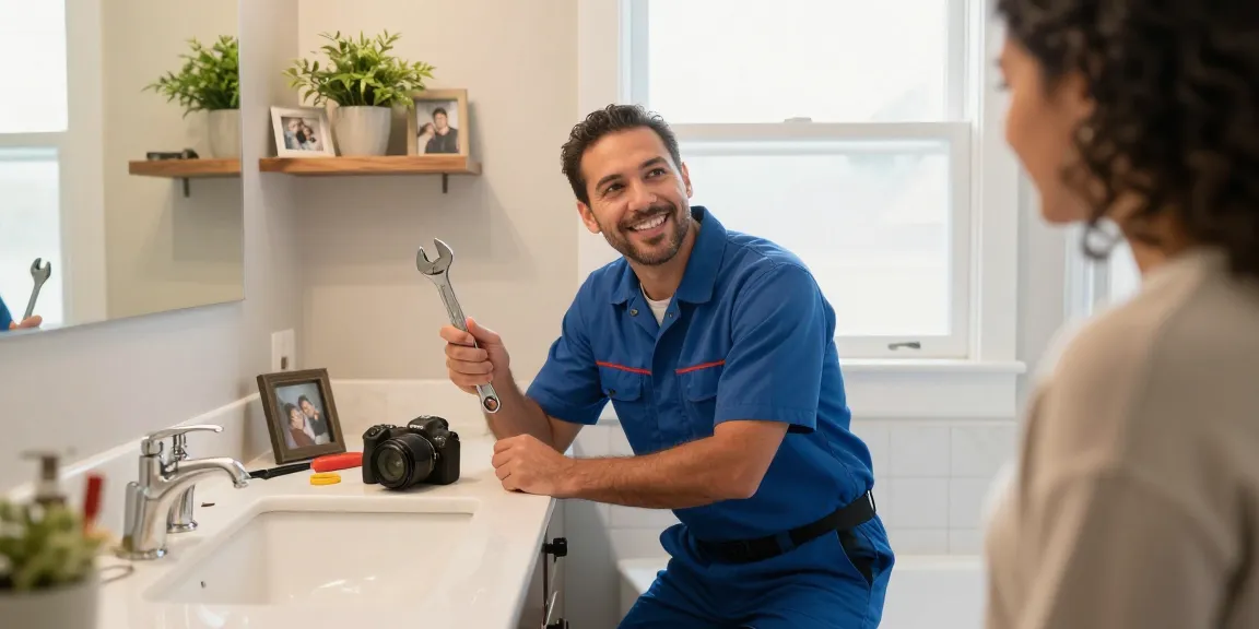 Plumber Stevens Point WI fixing a residential bathroom with a homeowner, showcasing professional service.