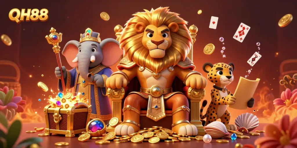 Experience the excitement of QH88 with a vibrant 3D illustration of a lion king, elephant advisor, and cheetah messenger.