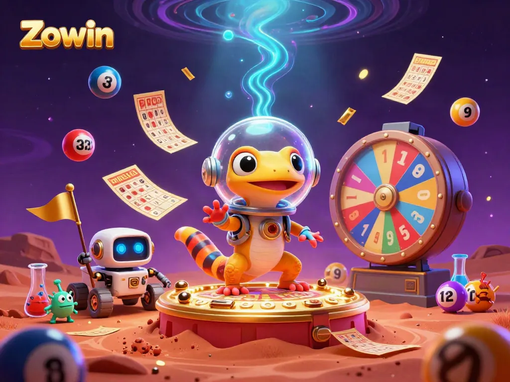 Experience Zowin's vibrant casino adventure with a Martian gecko, robot sidekick, and thrilling game elements.