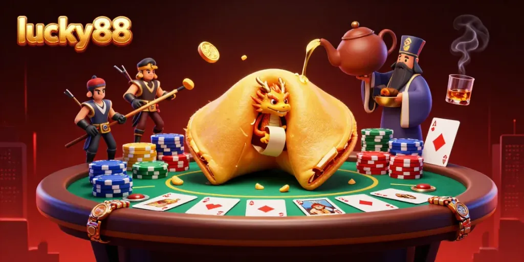 Experience thrilling gameplay with lucky88's dynamic casino scene featuring poker chips and dragons.