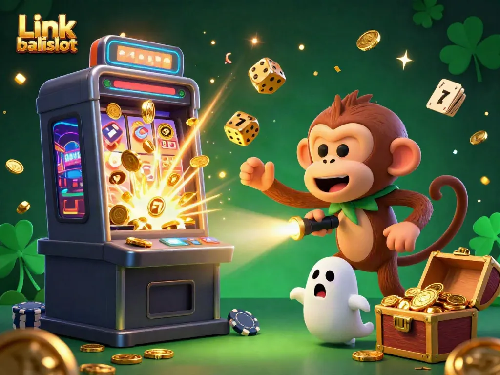 Engage with Link balislot through a thrilling 3D casino illustration featuring a playful monkey and ghost-hunter puppy amidst a jackpot explosion.