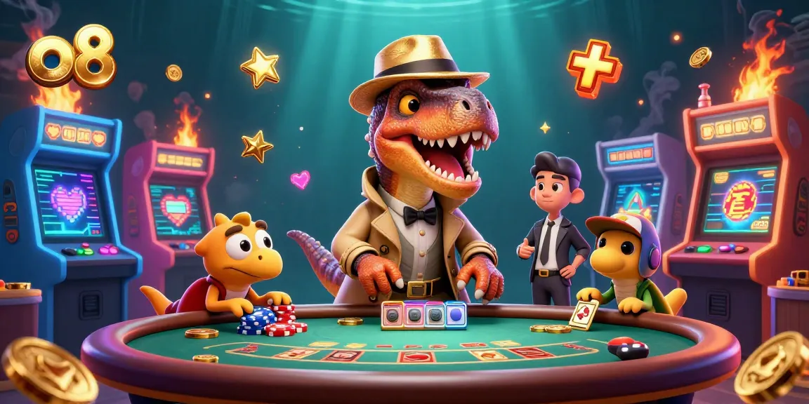Engage with o8's vibrant 3D cartoon casino scene featuring unique characters and gaming elements.
