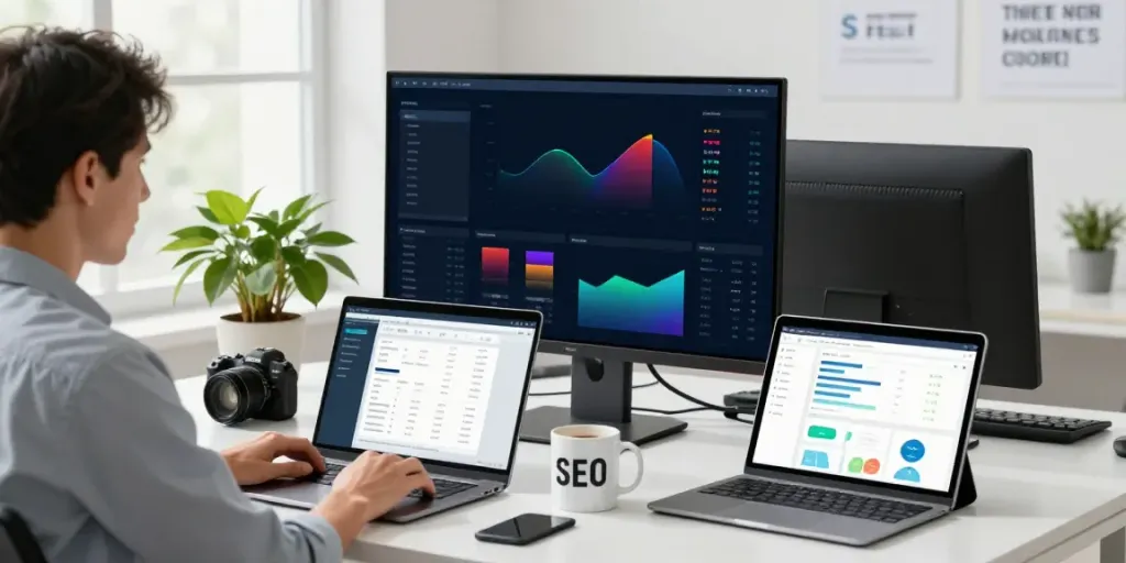 SEO specialist analyzing metrics in a dynamic digital marketing office, focusing on instant indexing strategies.