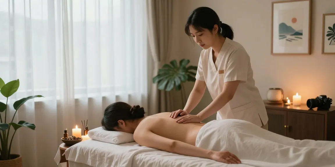 Relaxing 성남출장안마 massage session in a soothing wellness room with candles and calming decor.
