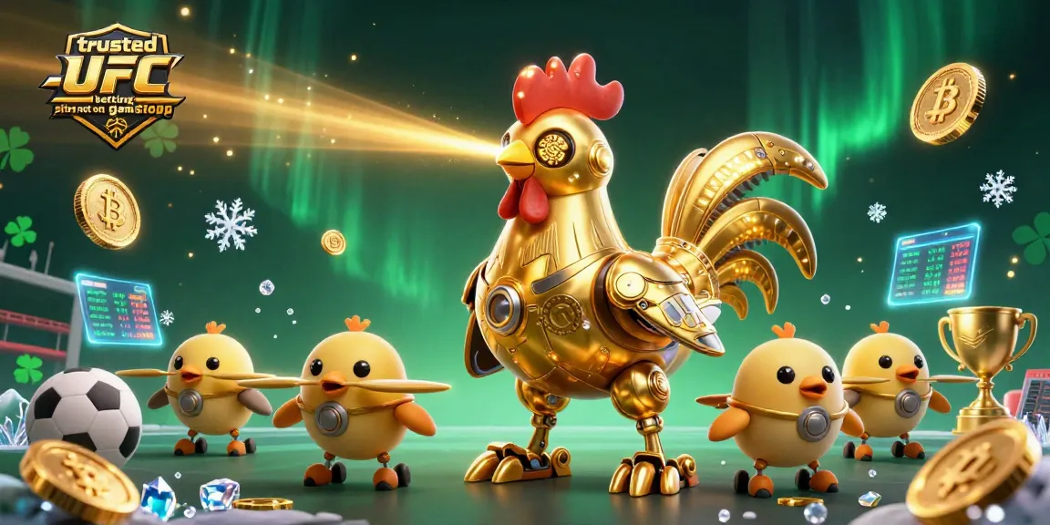 Bet on trusted UFC betting sites not on gamstop with a dynamic 3D illustration of a golden rooster robot and sports elements.