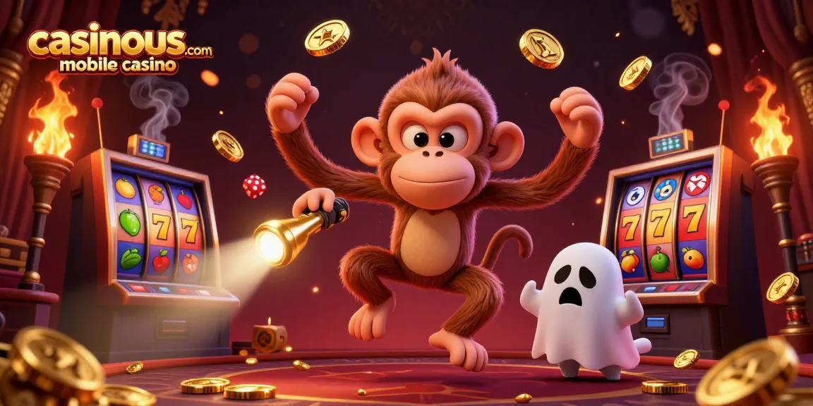 Experience the thrill of casinous.com mobile casino with a playful ghost-hunter and a mischievous monkey in a vibrant scene.
