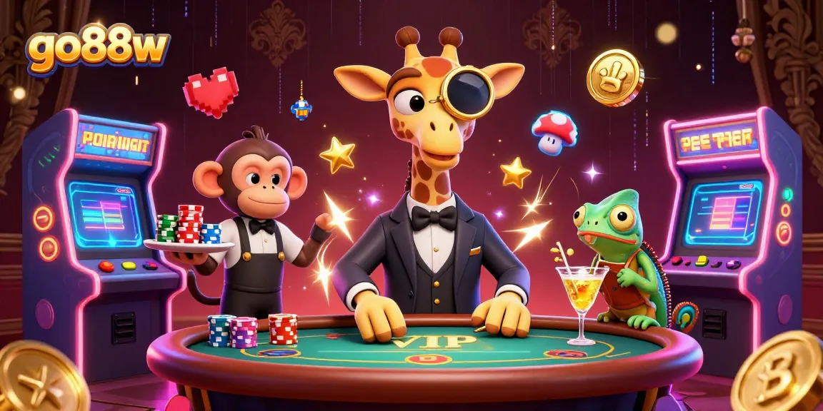 Experience the vibrant excitement at go88w with a high-roller giraffe, monkey valet, and chameleon bartender in a luxurious 3D casino setting.