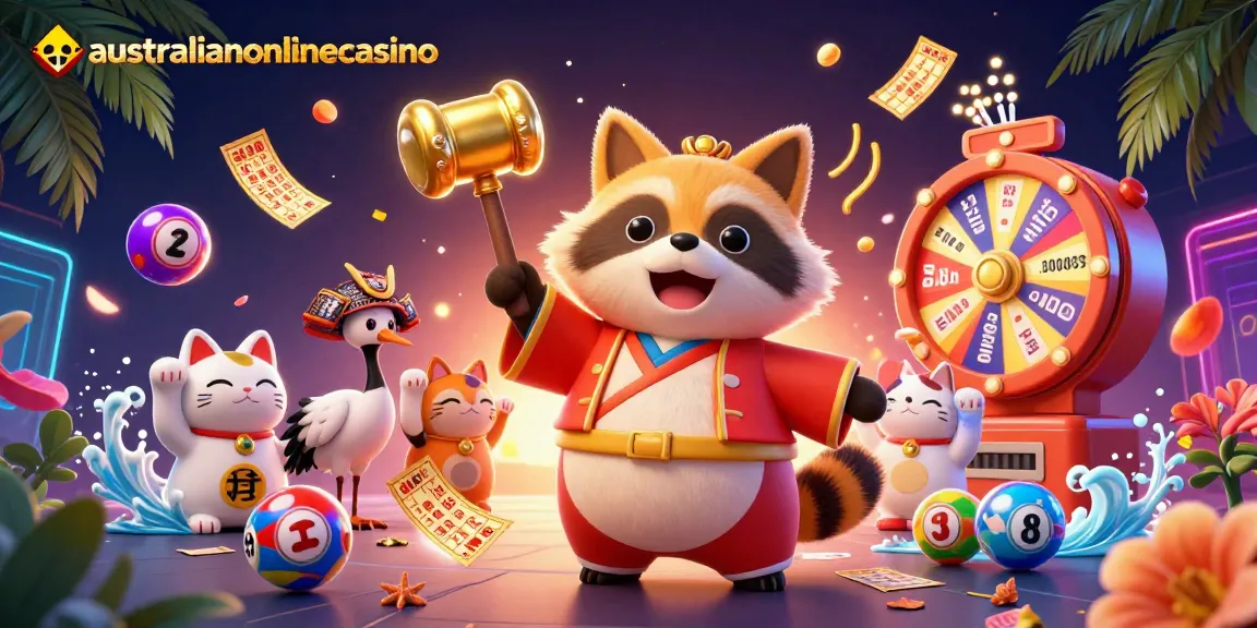 Experience the thrill with australianonlinecasino's vibrant 3D illustration showcasing game elements and fun!