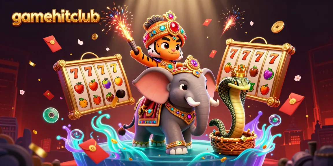 Engage in thrilling gameplay at gamehitclub with 3D slot reels, floating golden tiles, and vibrant casino elements.