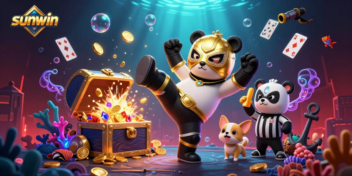Experience the excitement of sunwin as panda wrestler kicks through a vibrant crowd in a colorful casino scene.