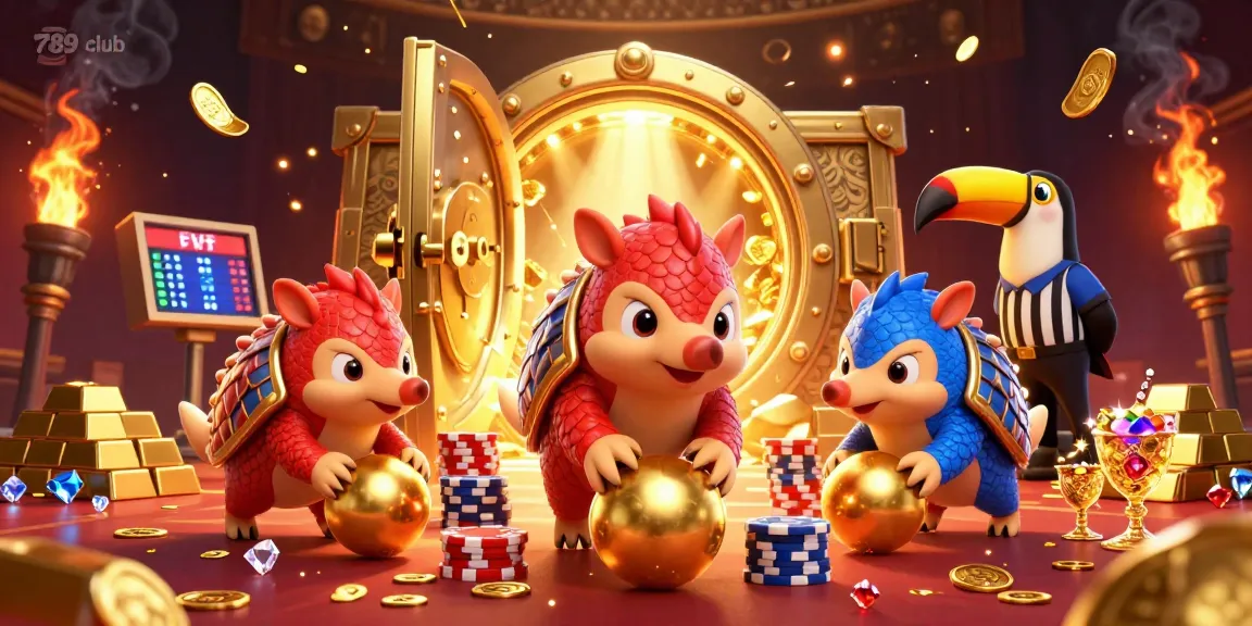 Experience gambling excitement with 789club featuring animated pangolins bowling through poker chips.