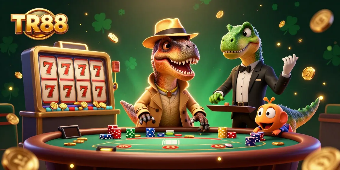 Experience thrilling gameplay with TR88 as a velociraptor card counter in a vibrant casino scene.
