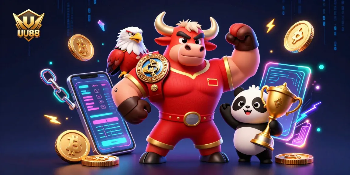 Engage with UU88's exciting features as the bull mascot celebrates alongside the eagle and panda in a vibrant casino atmosphere.