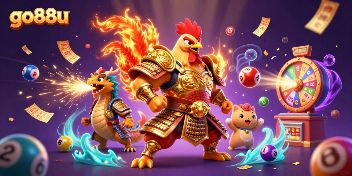 Play exciting games at go88u with a fierce rooster warrior and dragon in a vibrant casino setting