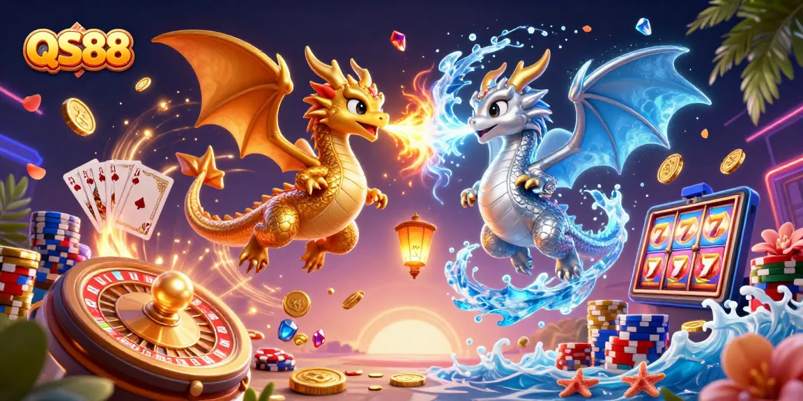 Experience the thrilling adventures of QS88 with animated casino elements and fierce dragons!