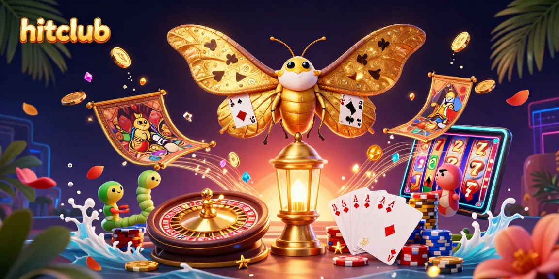 Engaging illustration of hitclub showcasing a 3D moth and dynamic casino elements for online gamers.